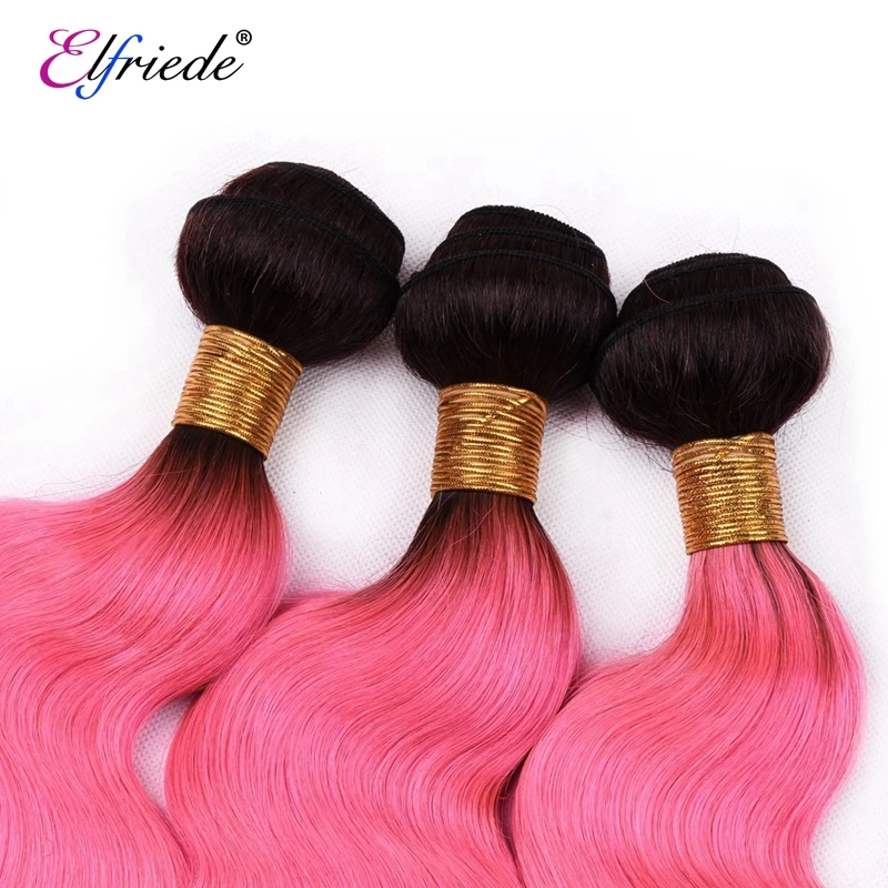 Elfriede T1B/Pink Body Wave Ombre Colored Hair Bundles with Frontal Remy 100% Human Hair Weaves 3 Bundles with Lace Frontal 13x4