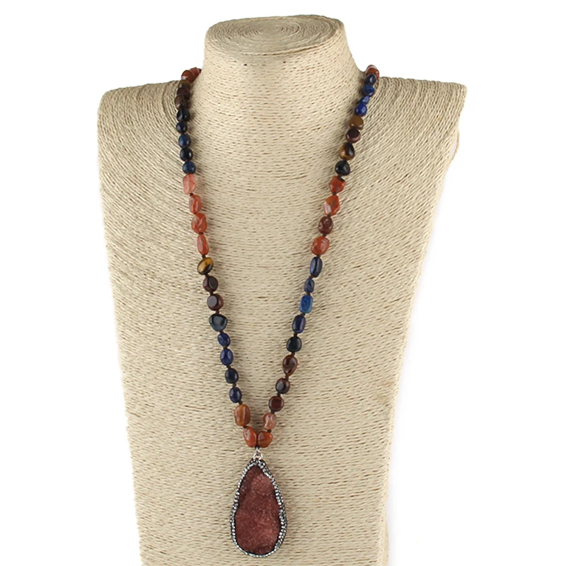 RH Fashion Bohemian Jewelry Accessory Natural Stone Knotted Crystal Druzy Pendant Necklaces For Women Festival Gift