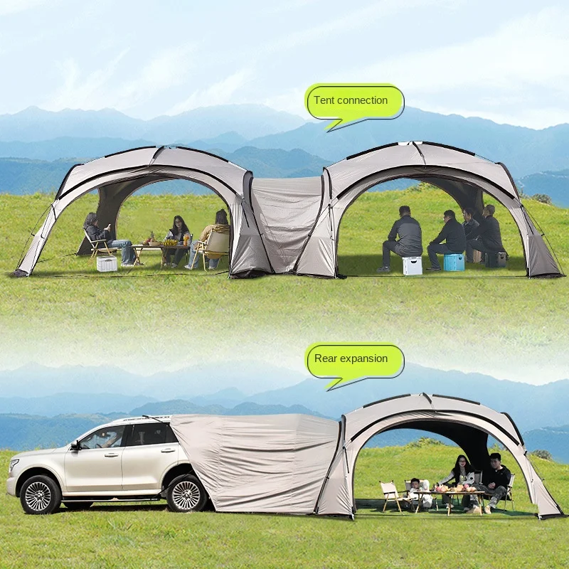 

Upgrade Large Outdoor 6-10 People Camping Round Sunscreen Awning Black Dome Canopy with Rainproof Tail Tent of Oxford Fabric