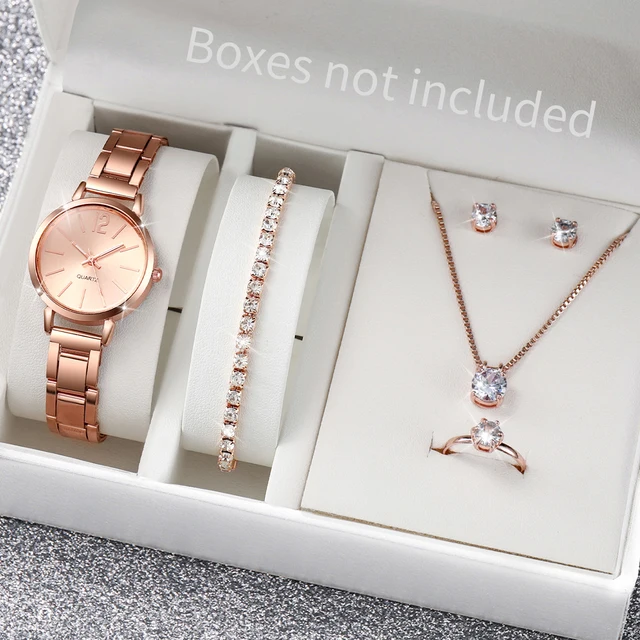 6 sztuk/zestaw zegarek damski moda pasek ze stali nierdzewnej analogowe zegarki kwarcowe zestaw biżuterii diamentowej (bez pudełka)