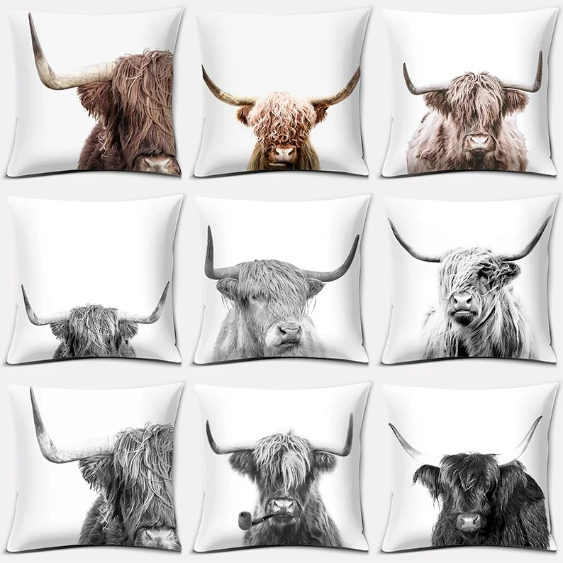 Home Decor Scottish Highland Cow Pattern Super Soft Pillowcase Sofa Cushion  Decorative Pillow 45x45cm