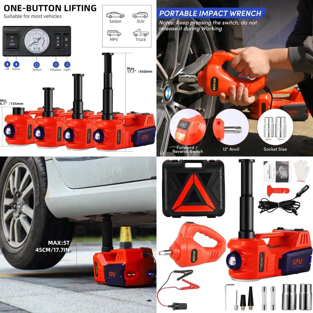 

Портативный комплект электромобильного домкрата 12 В для 5-тонных транспортных средств с ударным ключом, накачивателем шин и светодиодной подсветкой, подъемником 6–17,7 г.