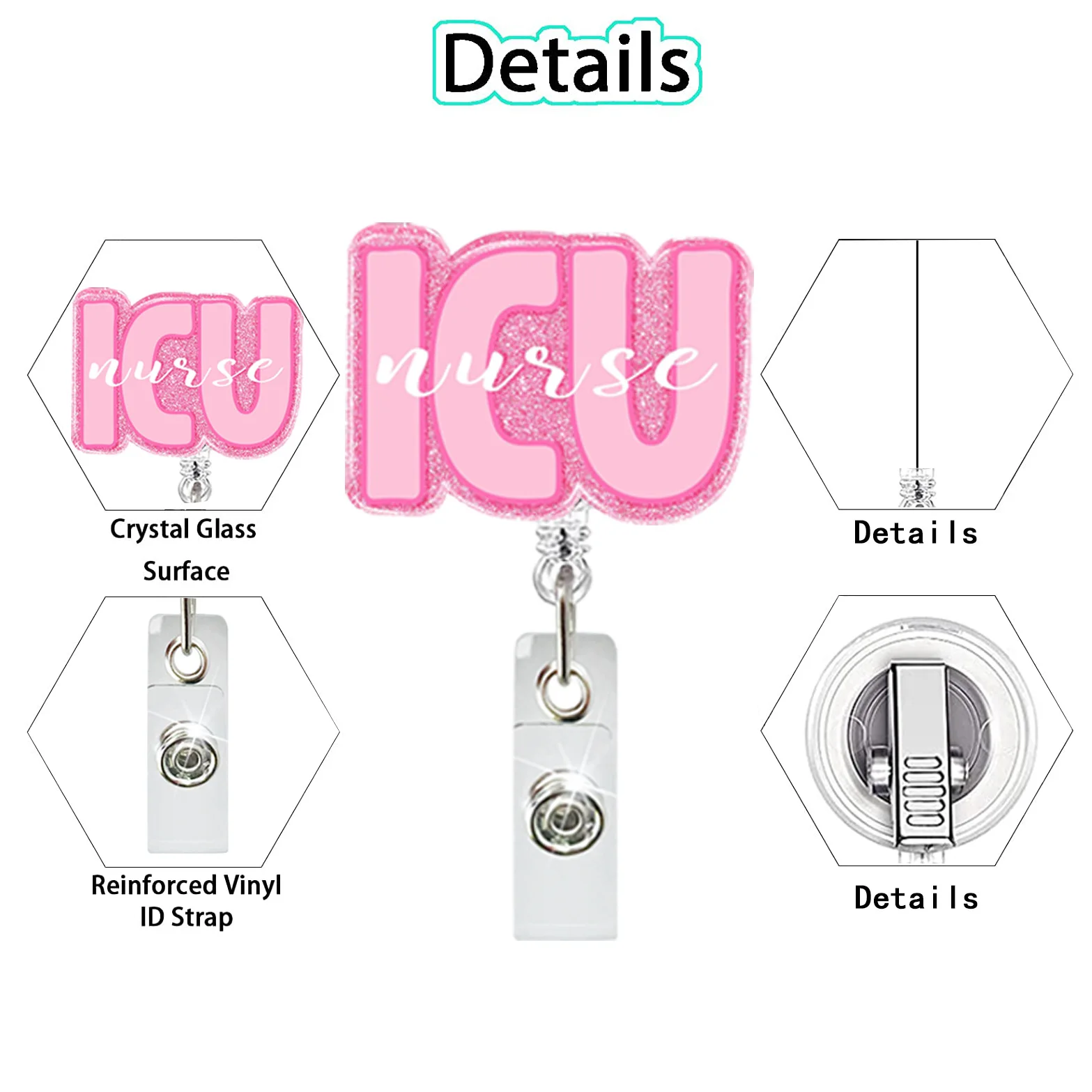 Pink Icu Acrylic Retractable Badge Reel For Nurse Doctor Medical Worker Rotating Crocodile Clip Id Badge Holder