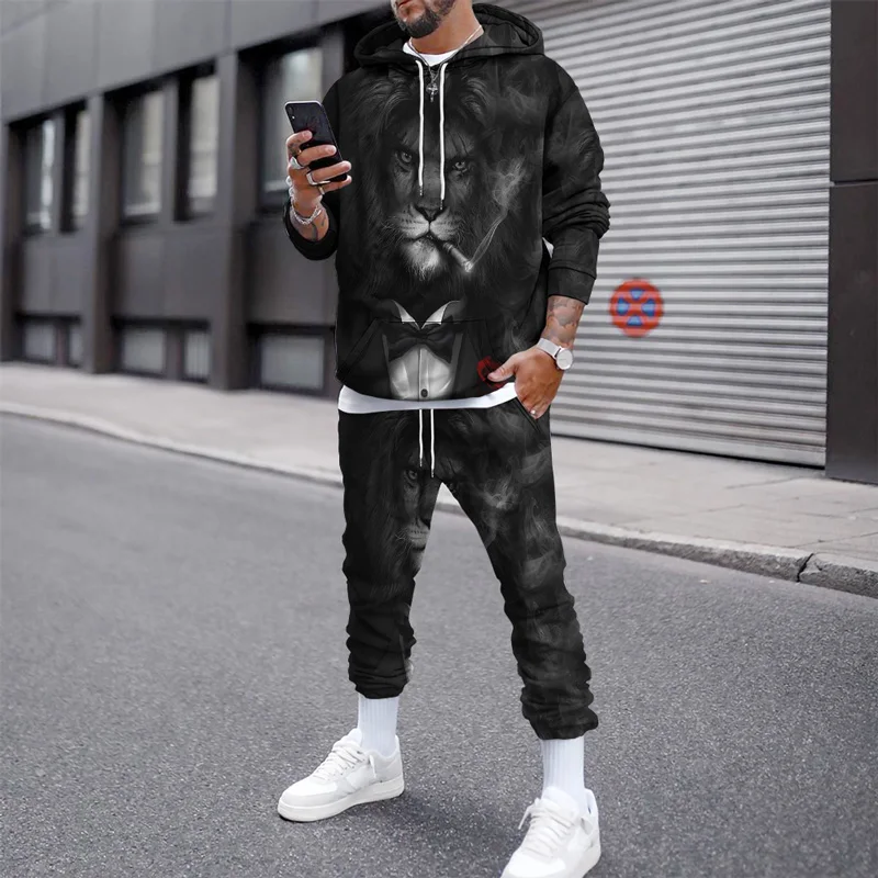 3D Print Lion Oversized Sportkleding Trainingspak Trui Hoodies Lange Mouwen Sweatshirt Joggingbroek Sets Man Winter Herenkleding