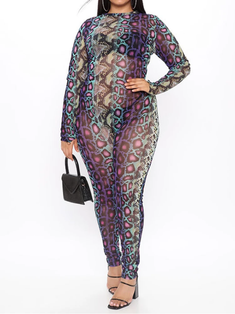 WeiYao Sexy Spicy Women Jumpsuit Serpentine Print O-neck Long Sleeve Bodycon Jumpsuit Party Club Streetwear Chic Women Clothes