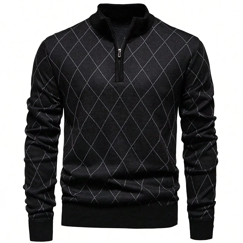 Nova moda masculina camisola de malha americana meio zip lã malhas gola casual suéteres pullovers