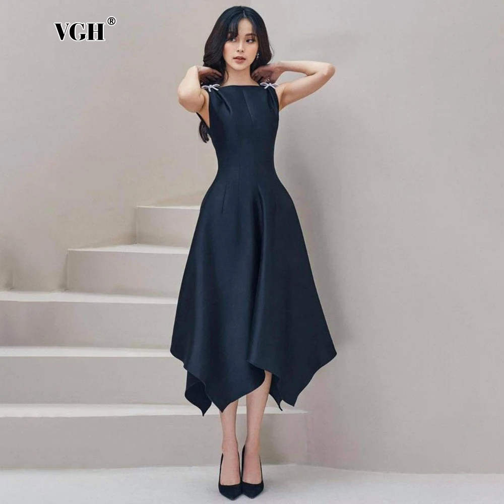 

VGH Elegant Patchwork Bowknot Solid Dresses For Women Square Collar Sleeveless High Waist Spliced Zipper Slimming Dress Female