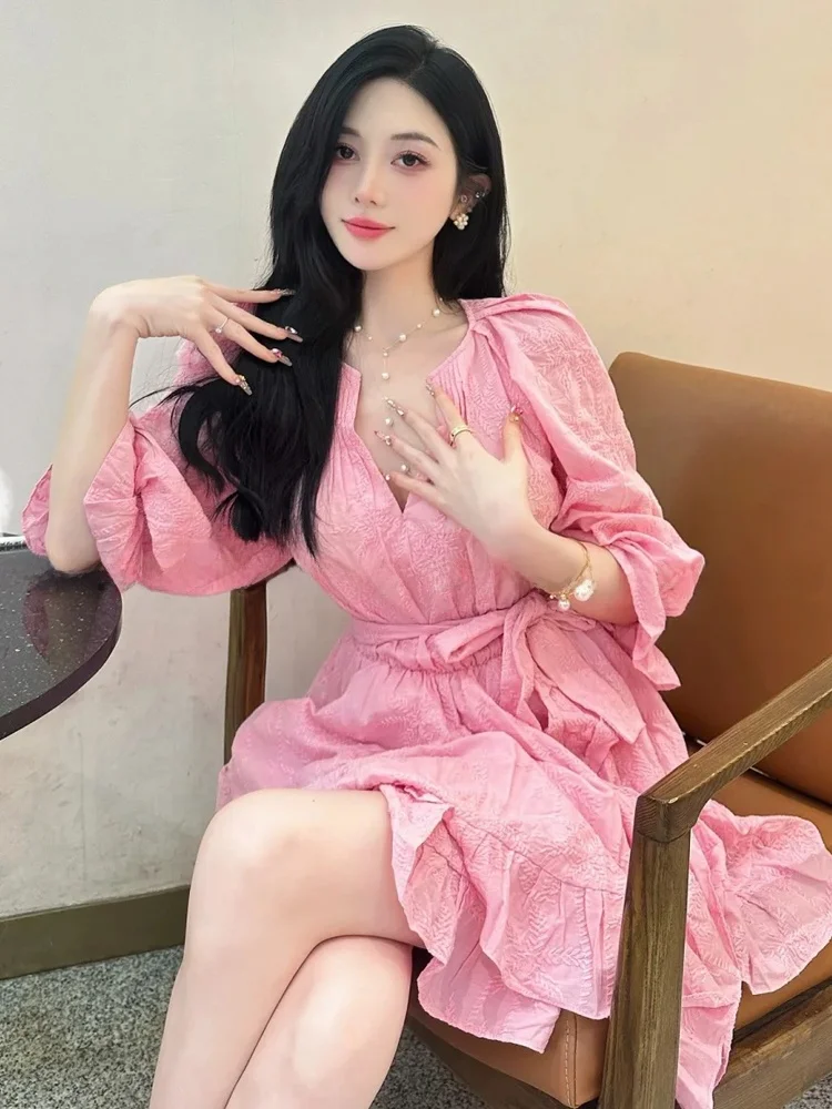 M Home dulce coreano Sle bordado V Ne Tie cintura linterna Sve Dr otoño nueva llegada mujer cintura alta Dr