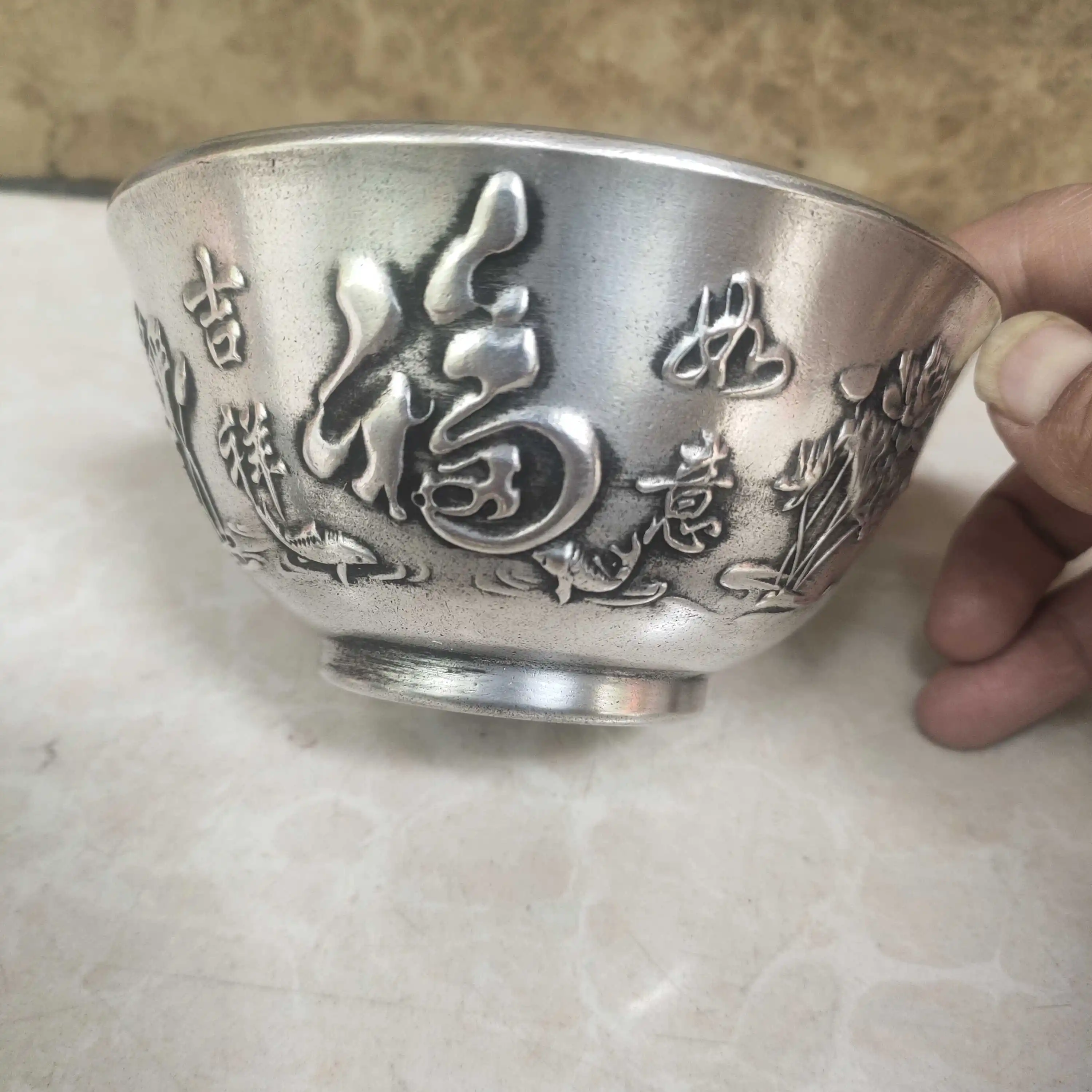 

Antique Bronze Ware Collection Antique Pure Copper Plating Silver Embossed Auspicious Lucky and Longevity Bowl Decoration