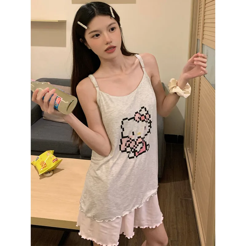 Hello Kitty Women's Cartoon Printed Sweet Cute Sleepwear Summer Pure Desire Vests Shorts Home Clothes Korean Version Pajamas Set