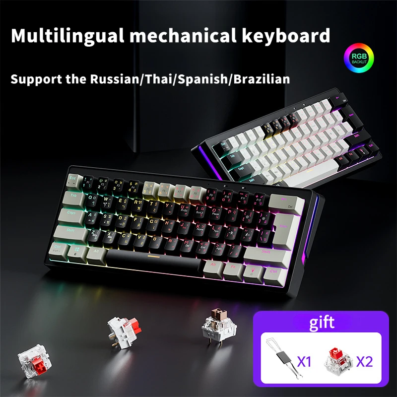

61 keys Russian/Thai/Spanish/Brazilian wired gaming mechanical keyboard RGB mixed light support hot-swaddable Gasket structure
