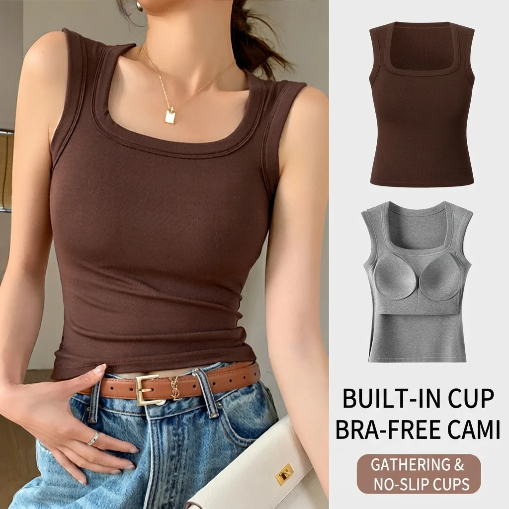 Women Vest with Chest Pad Wide Shoulder Strap I Shaped Solid Color Slim Fit Sleeveless Viscose Summer Inner Outer Bottoming Top