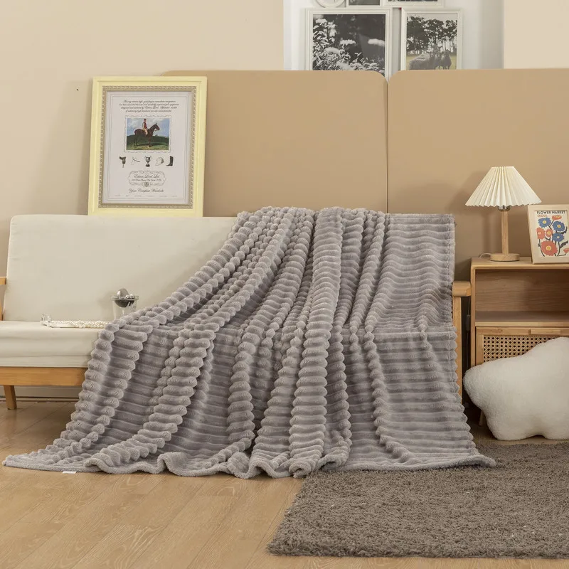 New Upgraded Thick Flannel Rabbit Fur Nap Blanket with Thick Striped Magic Fur Imitation Rabbit Fur Blanket Sofa Throw Blanket - Image 4