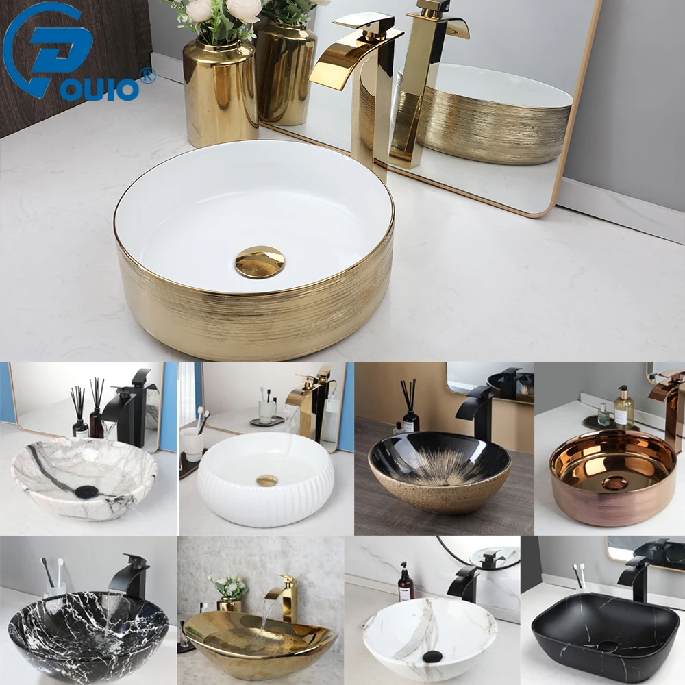 OUIO Gold Bathroom Vessel Sink Above Counter Oval Porcelain Ceramic Bathroom Vessel Vanity Sink with Faucet and Drain FBA Stock