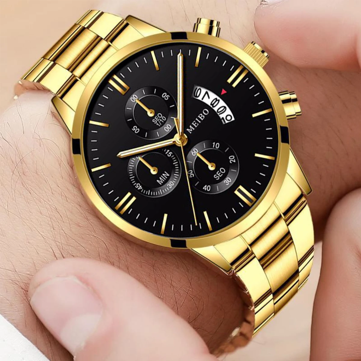 3PCS/Set Fashion Men Business Watches Luxury Steel Band Large Dial Analog Quartz Watch Relogio Masculino（Without Box）