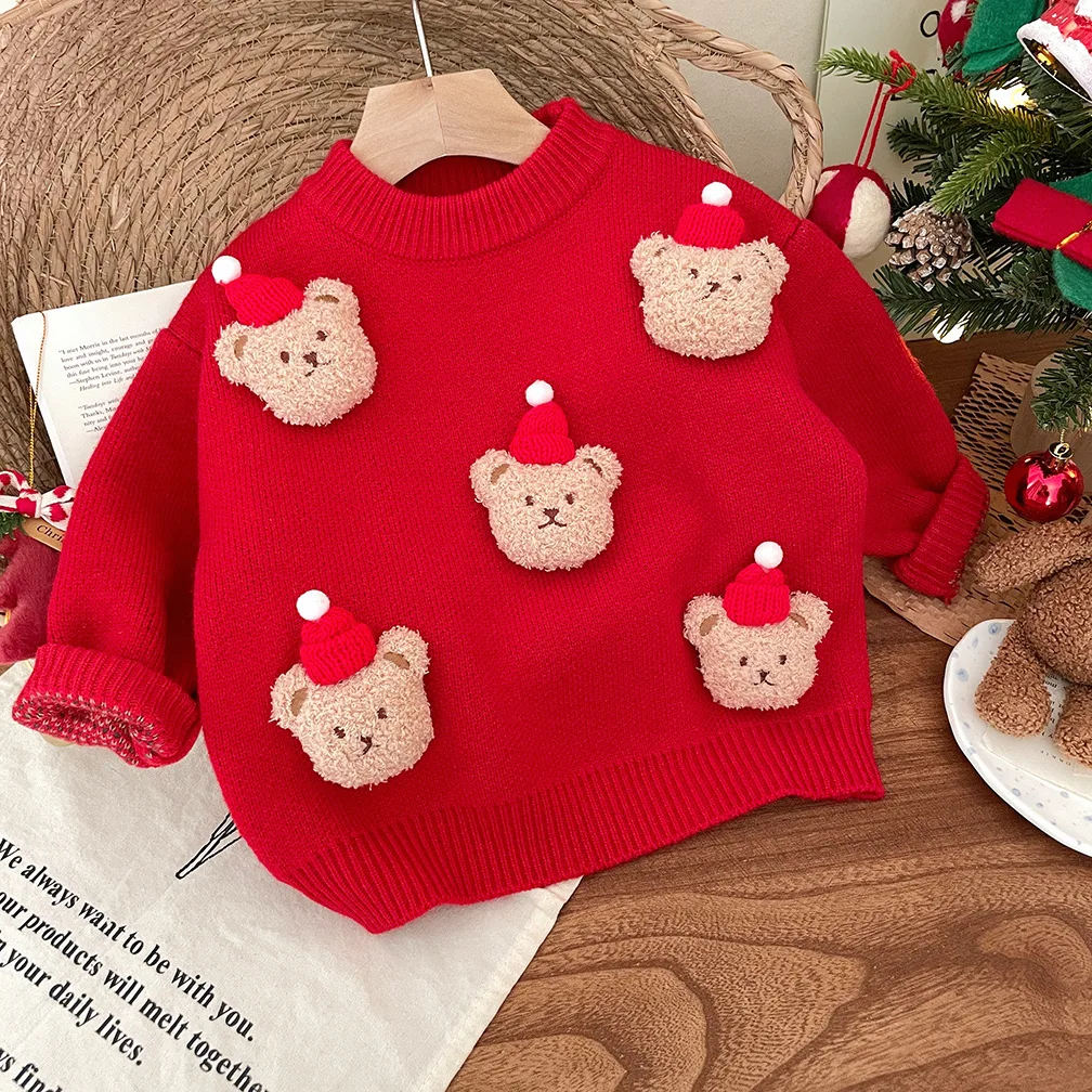 2025 موضة بنات بنين عيد ميلاد سعيد لطيف الدب الأحمر البلوزات طفل أطفال ملابس الشتاء الأطفال ملابس السنة الجديدة الملابس المتماسكة