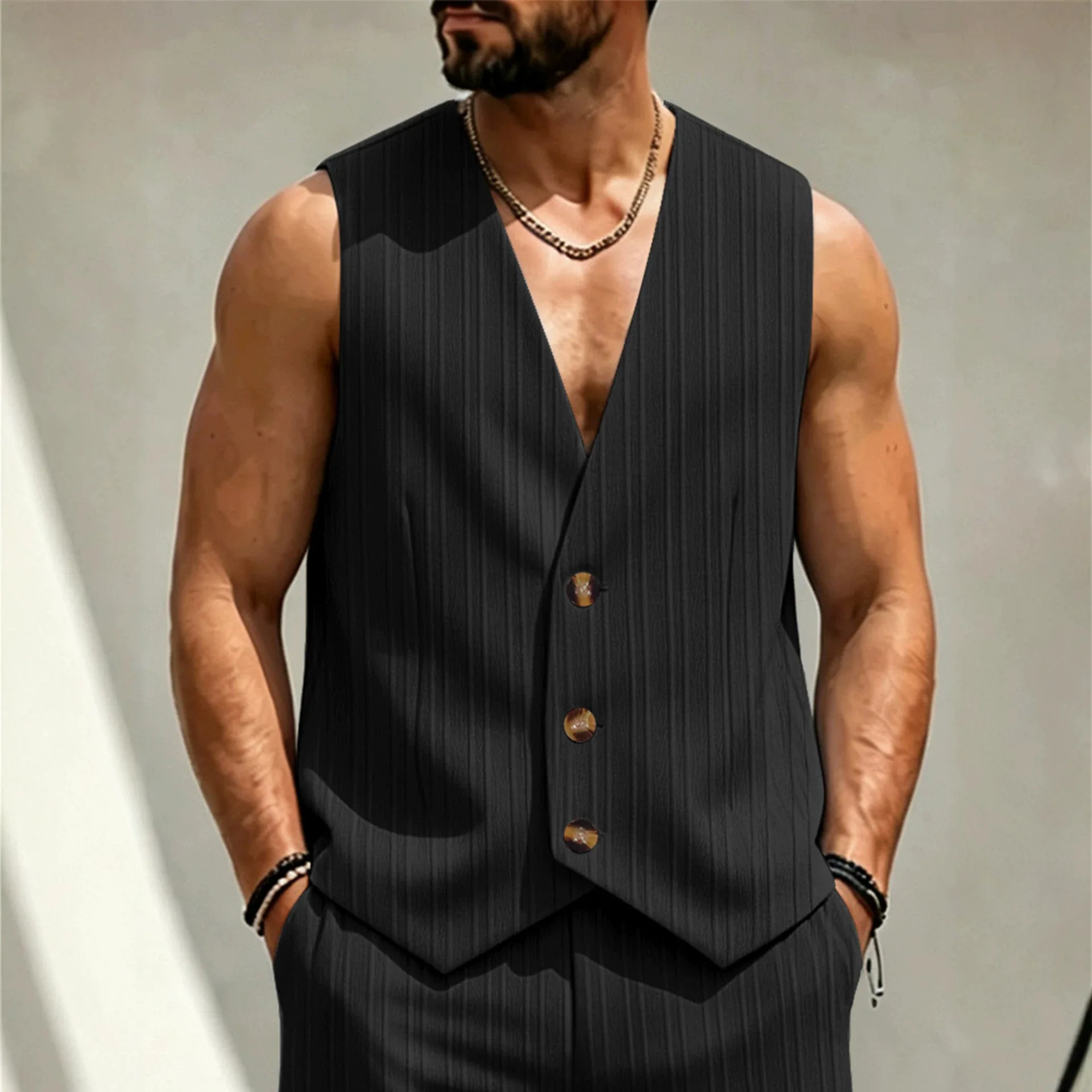 Summer Men's Vest Fashion Solid color V-neck Striped Button Casual Top Outdoor Male Sports Sleeveless Vest New Men's streetwear — купить у AliExpress WW
