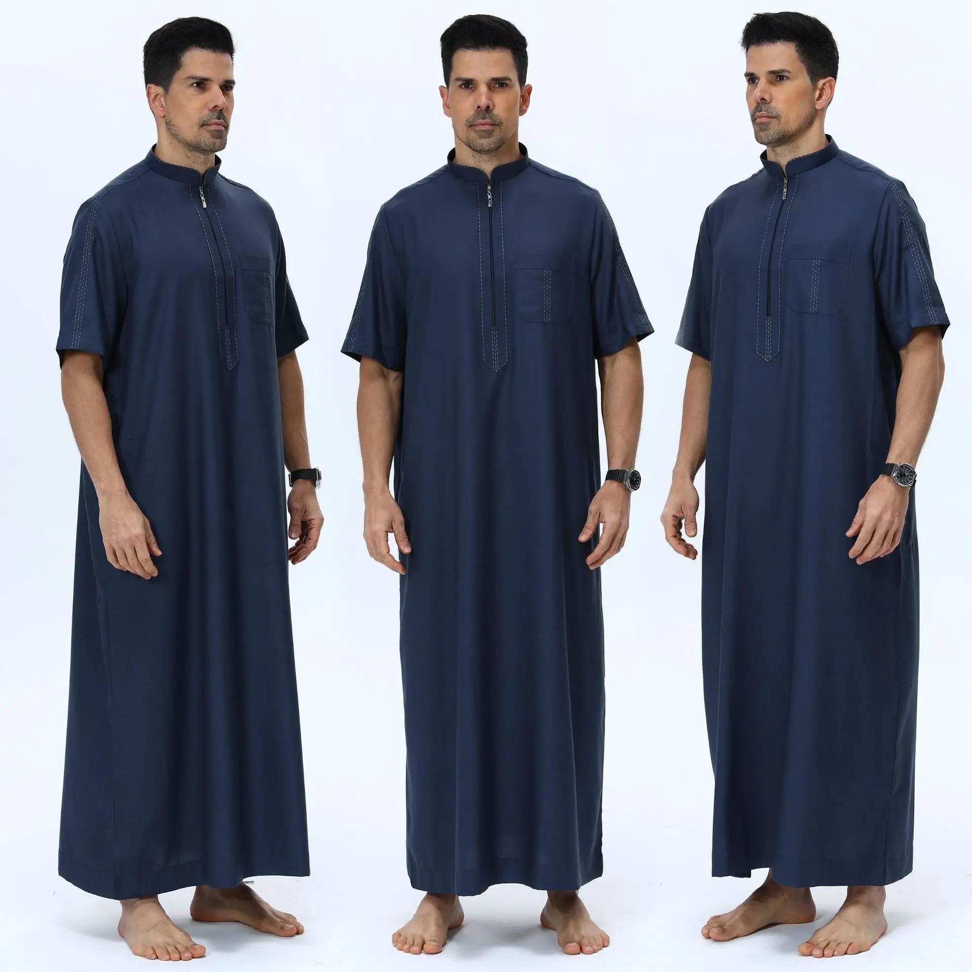 Zipper Robe for Men Saudi Arabic Jubba Thobe Short Sleeve Muslim Dress Turkey Kaftan Islam Clothing Daffah Dishdasha Thoub Robes