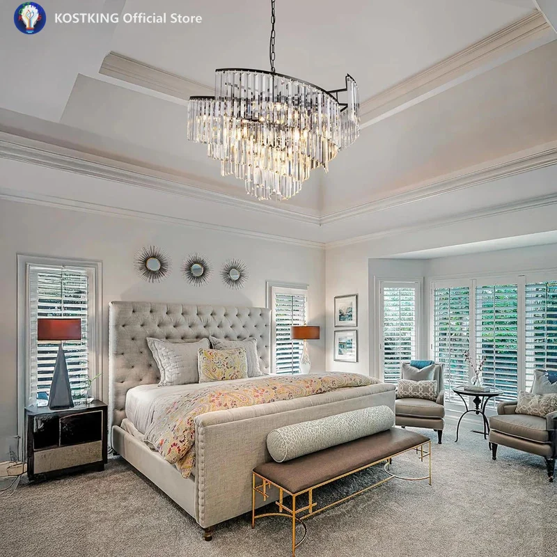 

Modern Luxury Crystal Chandelier For Living Dining Room Home Hanging Light Fixture Black Spiral Design High Ceiling Lamp