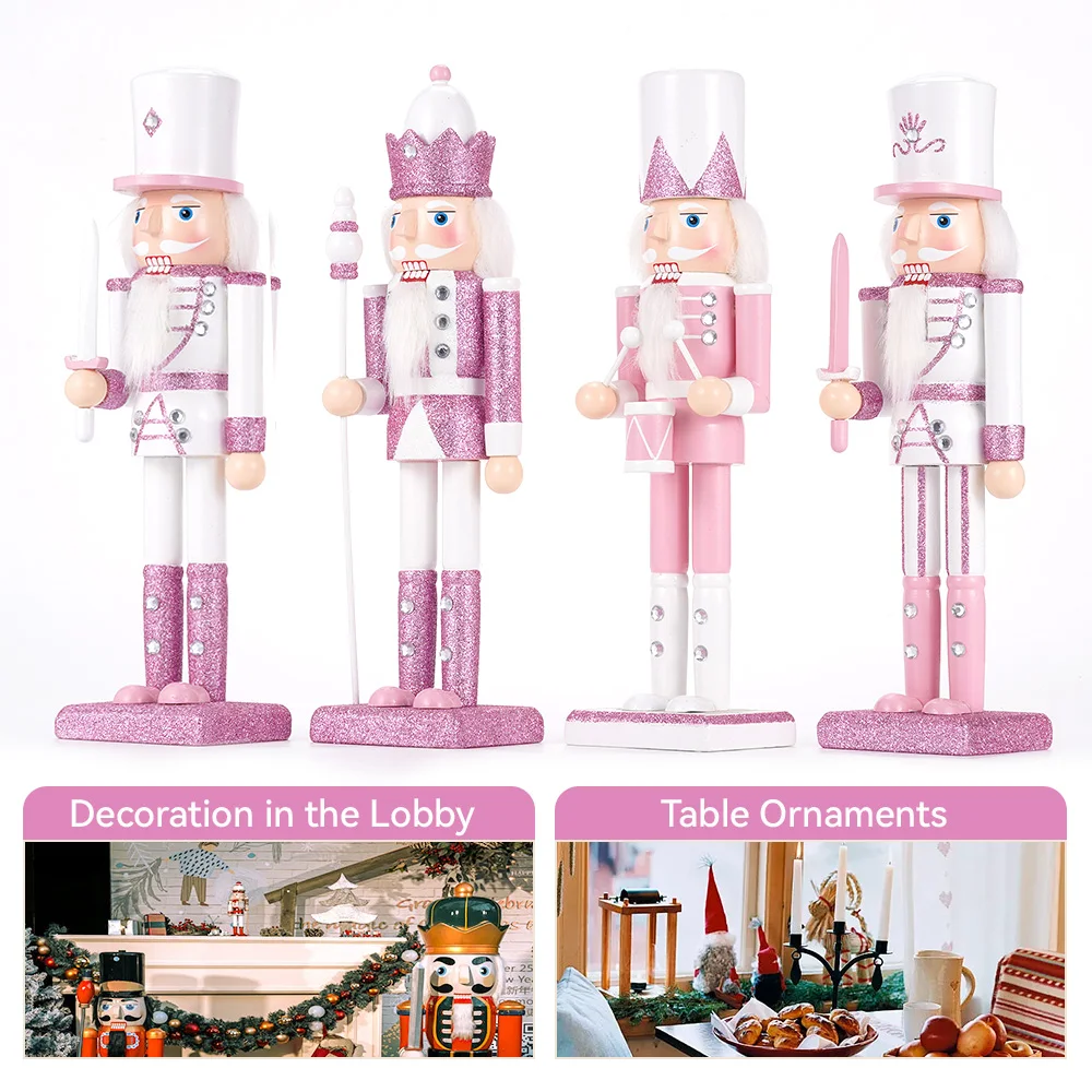 30CM Wooden Nutcracker Solider Figurine Puppet Pink Glitter Soldier Doll Toy Handcraft Ornament Christmas Home Office Decoration