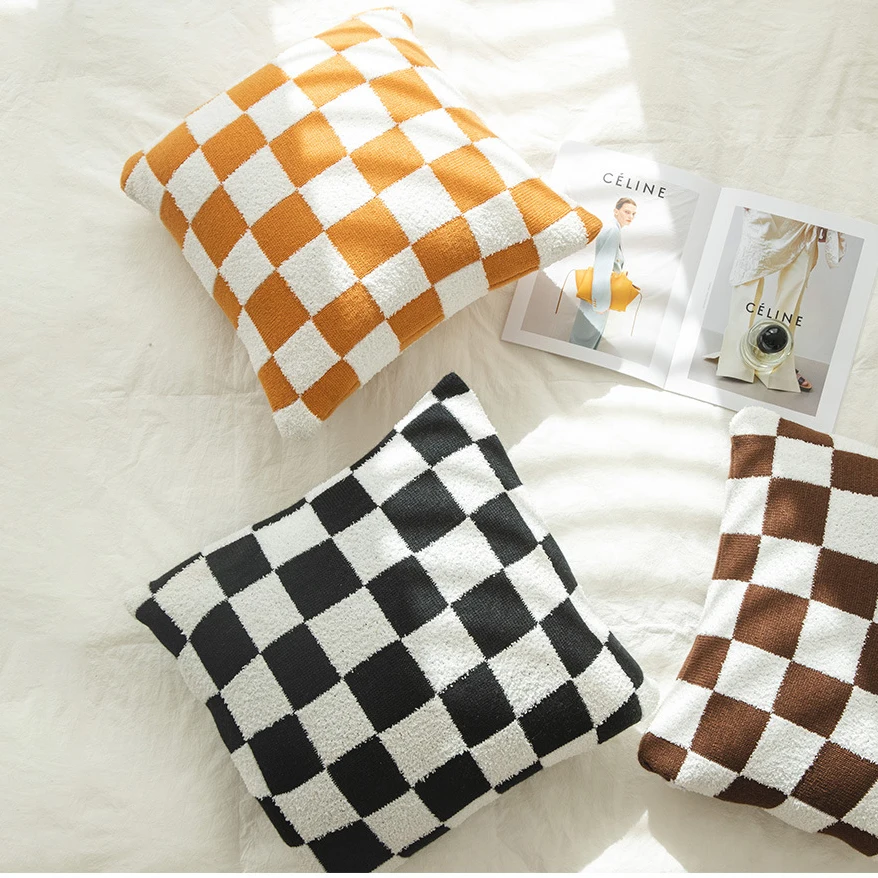 Checkerboard Plaid Plush Cushion Cover Knitted Car Sofa Throw Pillow Cover  Short Fleece Pillowcase Cushion for Sofa Bed Decor