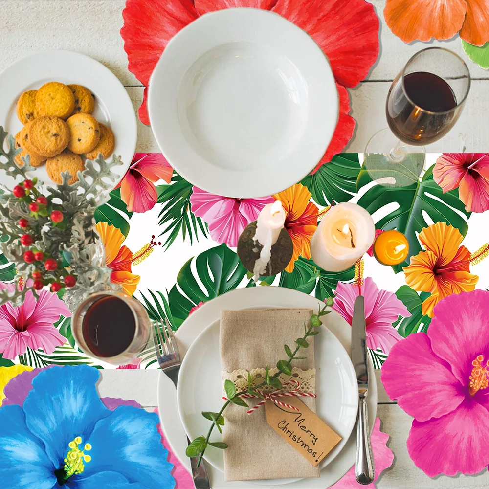 1-3Packs Hawaiian Hibiscus Table Runners Tropical Luau Disposable Table Runner for Aloha Summer Beach Birthday Party Decorations - view 4