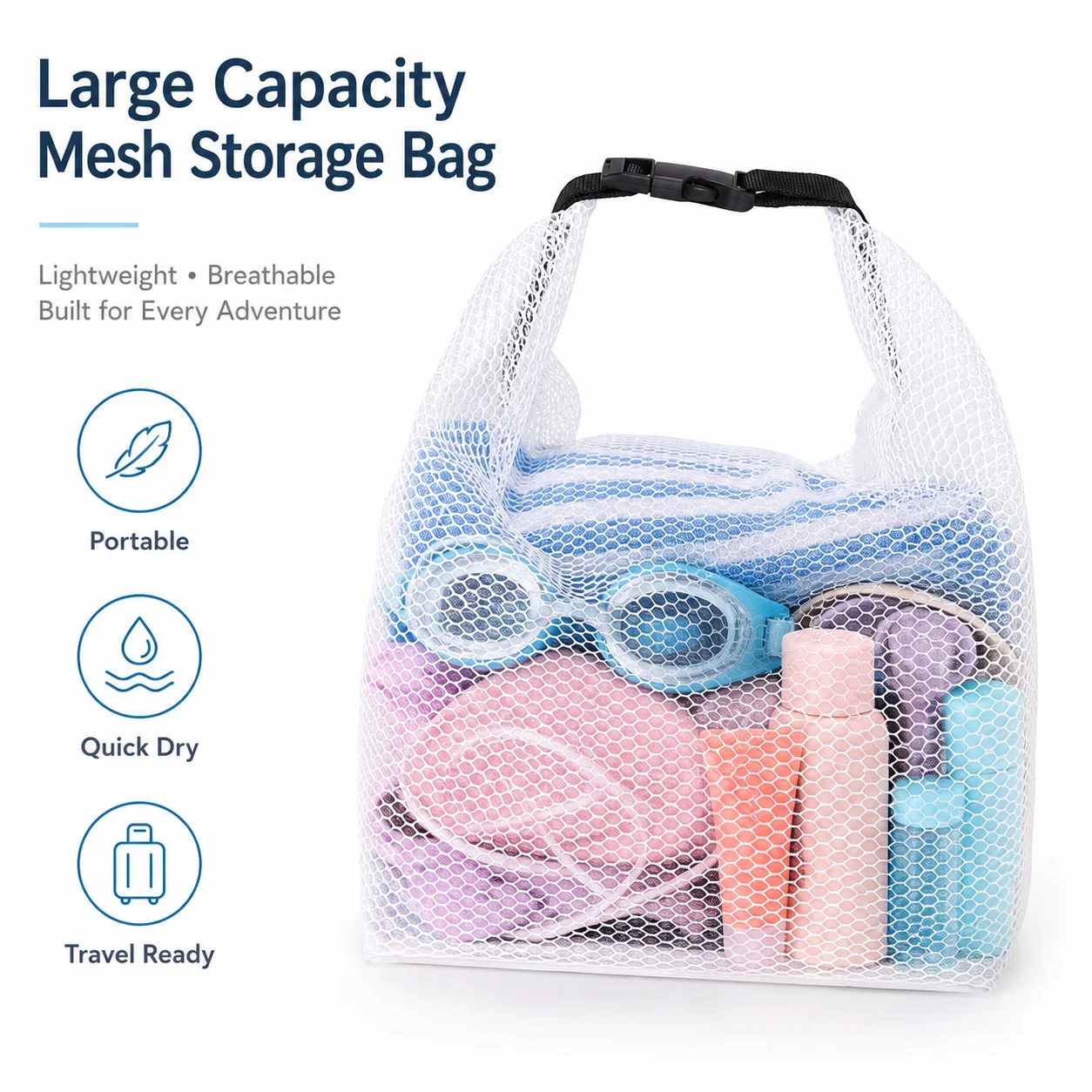 1pc Large Capacity Breathable Mesh Storage Bag Quick Dry Portable Handheld Mesh Tote Bag Buckle Closure Swim Gym Beach Travel Shower Toiletry Organizer Bag For Sports Swimming Camping