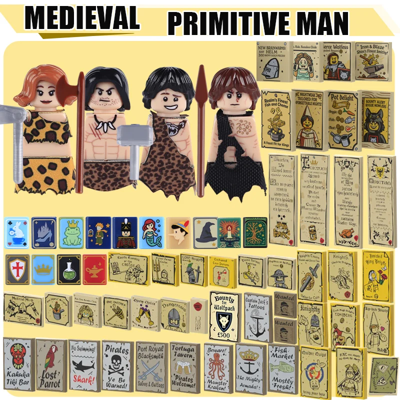 Medieval Military Printed Poster Building Blocks Castle Black Eagle Wolf Army Knights Primitive Man Soldier Figures Bricks Toys