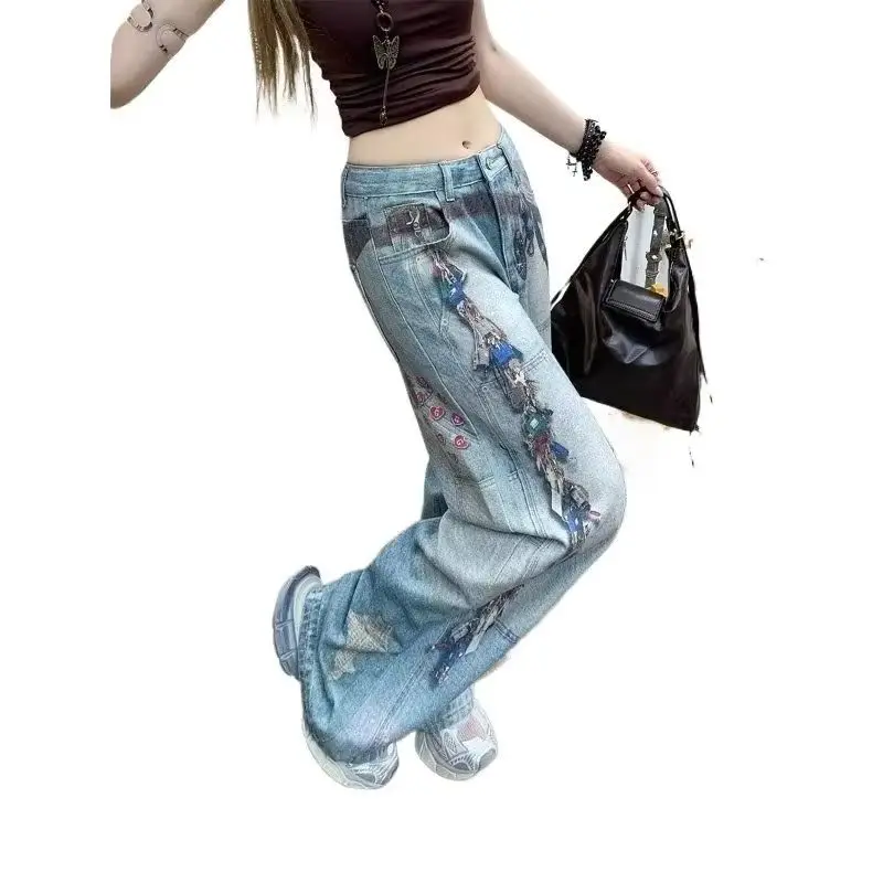Retro Printed Wide-leg Jeans Women's Summer High-waisted Loose Straight-leg Pants Exquisite Simple Casual Fashion Personality
