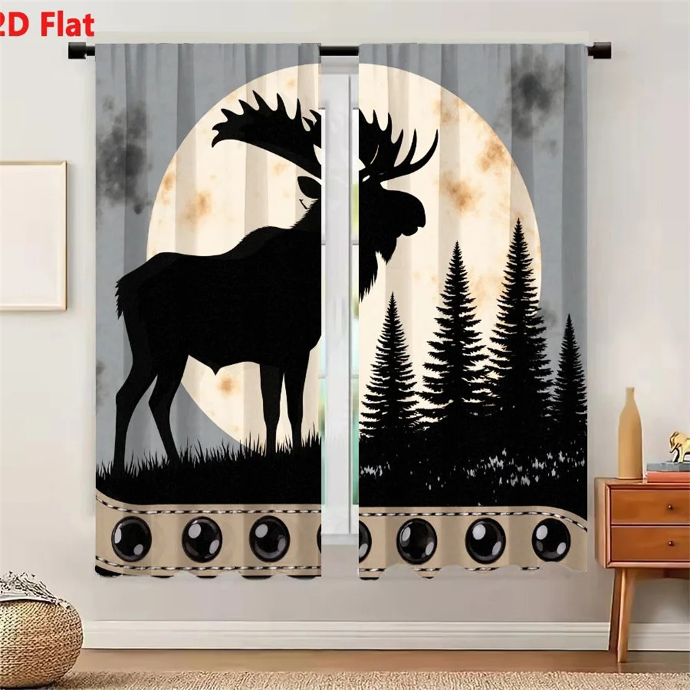 2Pcs Curtains 2D Flat Black Silhouette Moose With Antlers In Grassy Area Pale Yellow Moon With Spots Gray Sky Dark Clouds Evergr