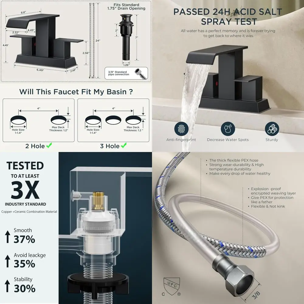 

Matte Black Square Waterfall Faucets for 4 Centerset Sinks, 3 or 2 Hole Options, with Metal Pop-Up Drain for Vanity and RV Remod