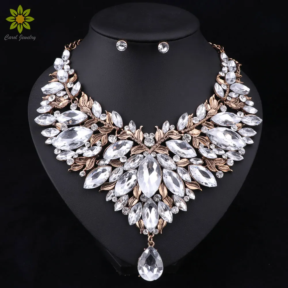 Retro Style Nigerian Wedding African Beads Jewelry Sets White Crystal Necklace Earrings Set Party Wedding Dubai Jewelry Set