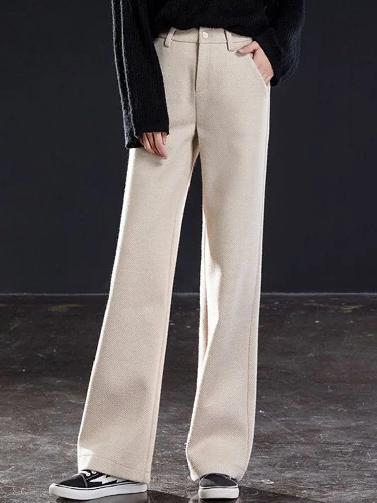 Women Casual Woolen Loose Straight Pants Korean Fashion High Waist Wide Leg Sweatpants Spring Fall Wool Blend Solid Pantalones