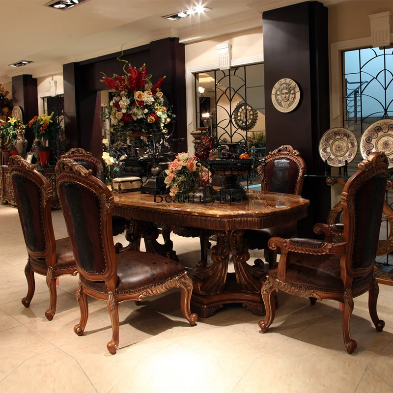 European style solid wood marble dining table, American retro distressed carved luxury custom