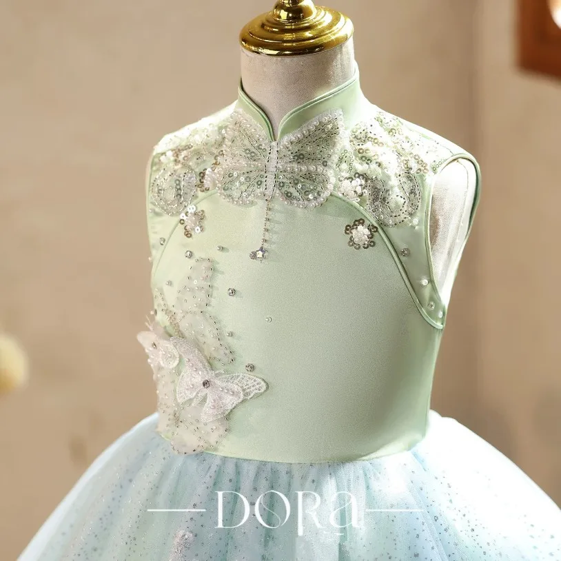 Mädchen-Abendkleid Grün Ärmellos Spitze Tüll Festkleid Kinder Hochzeit Geburtstag Party Ballkleider Für Mädchen A5094 – Detail 6