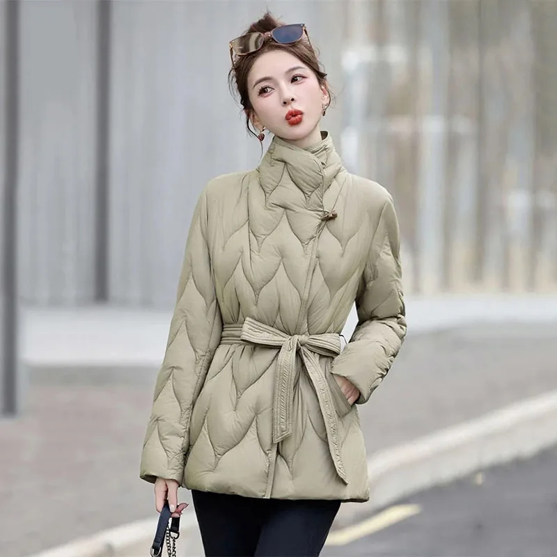 

Cotton Jacket Elegant Age Reducing Versatile Waist Cinching Lace Up Horn Buckle Cotton Outerwear Temperament Parker Coat