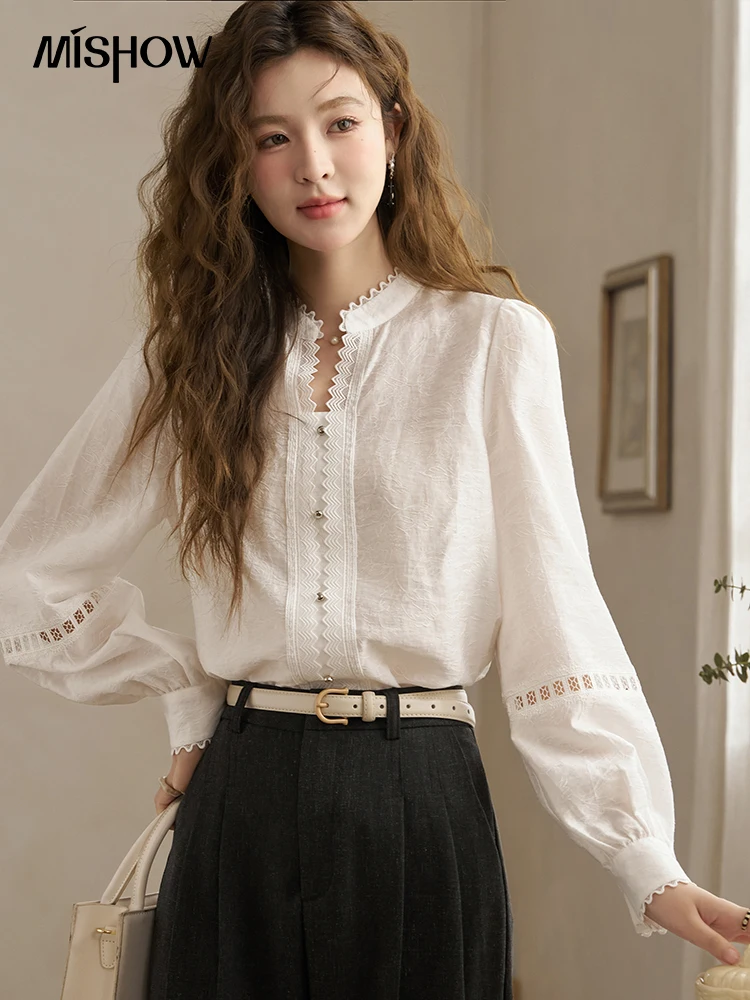 MISHOW French Hollow Out Long Sleeve Top 2024 Spring Chic Retro Stand Neck Lyocell Solid Puff Sleeve Elegant Shirts MXD12X1368