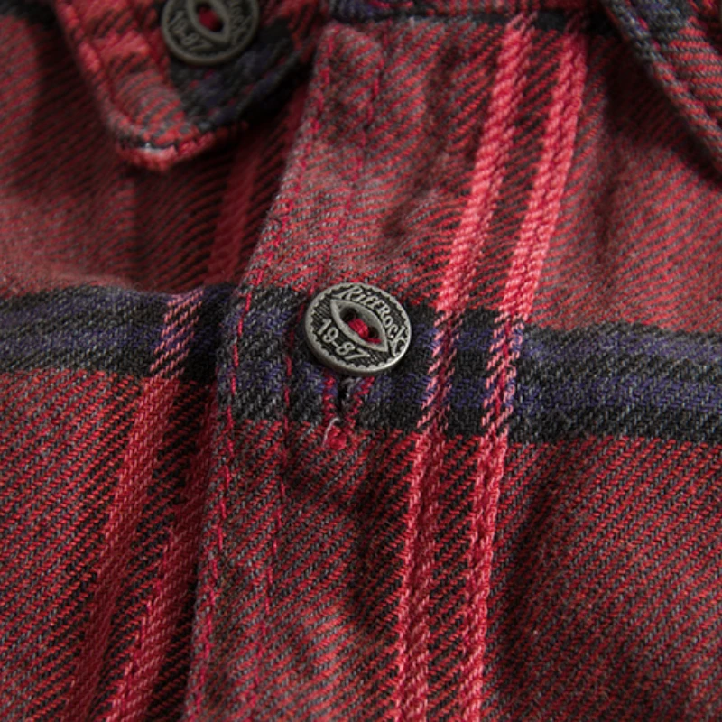 Personality big pocket decoration wash do old trend European and n men plaid long-sleeved shirt