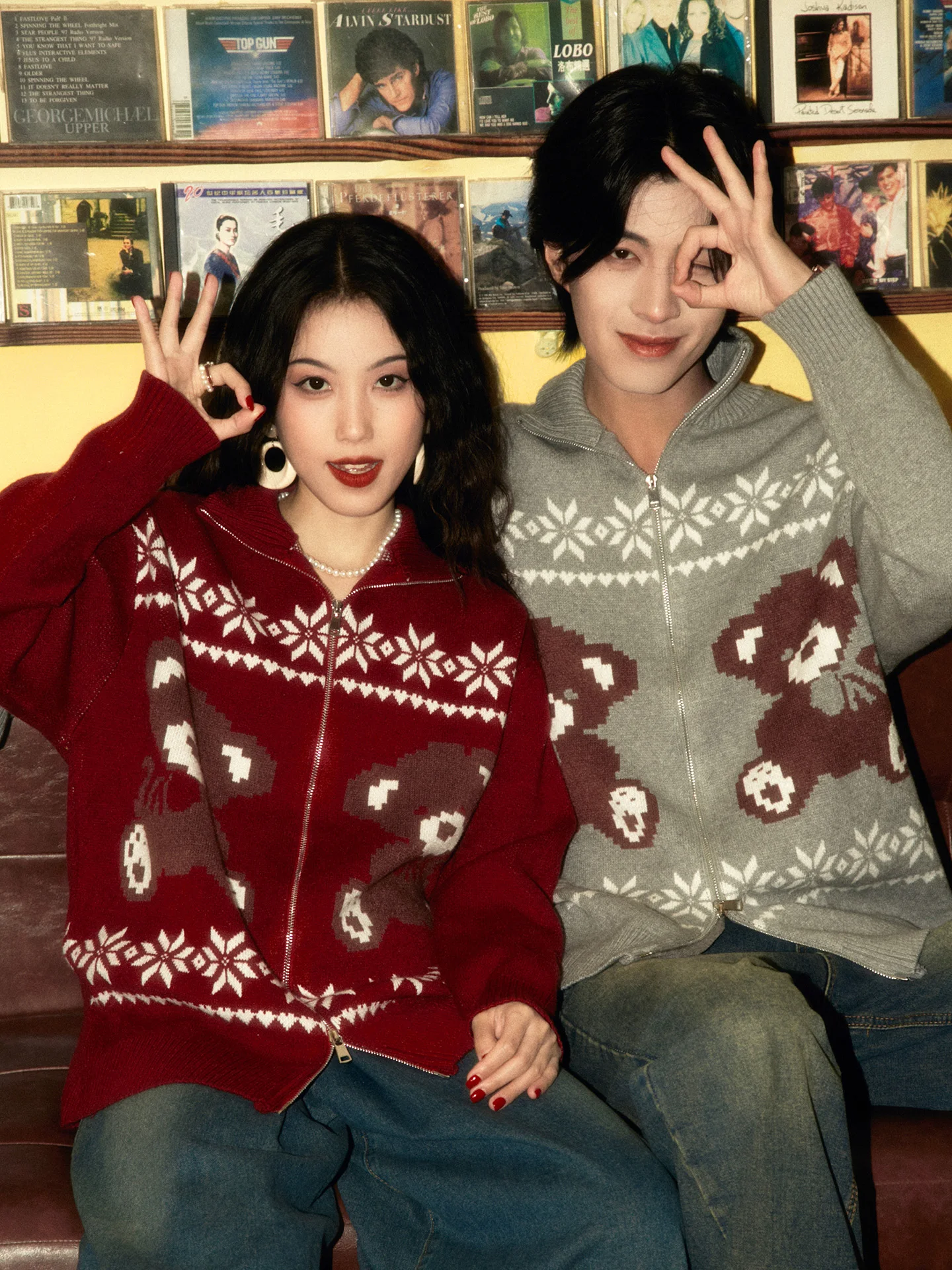 Autumn Winter New Men's Vintage Bear Embroidery Red Cardigan Sweater Coat Couple Gray Loose Casual Knitted Cardigan