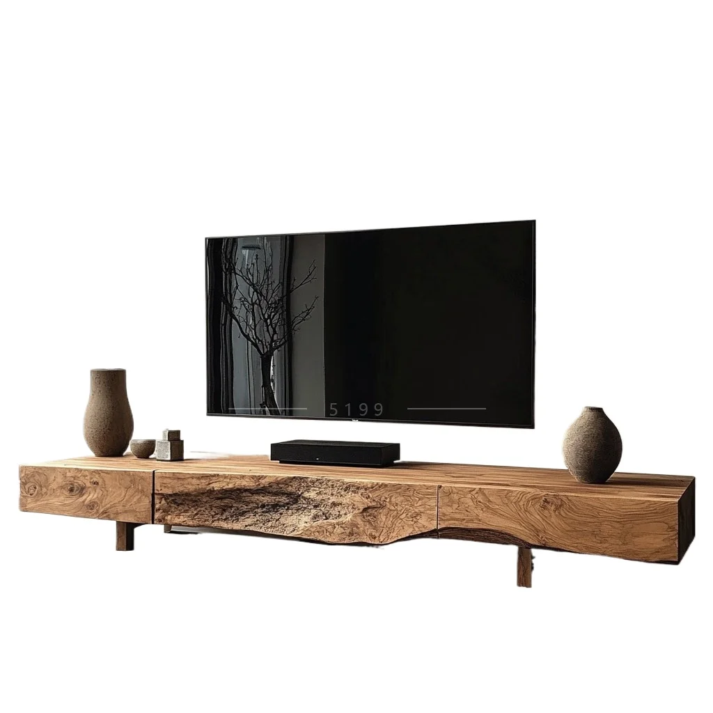 

New Chinese-style simple solid wood floor-to-ceiling TV storage cabinet integrated wabi-sabi wind living room homestay locker