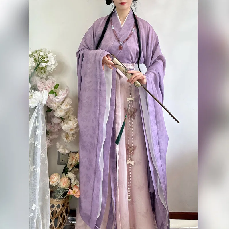 Hanfu estilo wei jin para mulheres, gola larga, manga larga, comprimento da cintura multicamadas, dinastias do norte e do sul, original legal, adulto