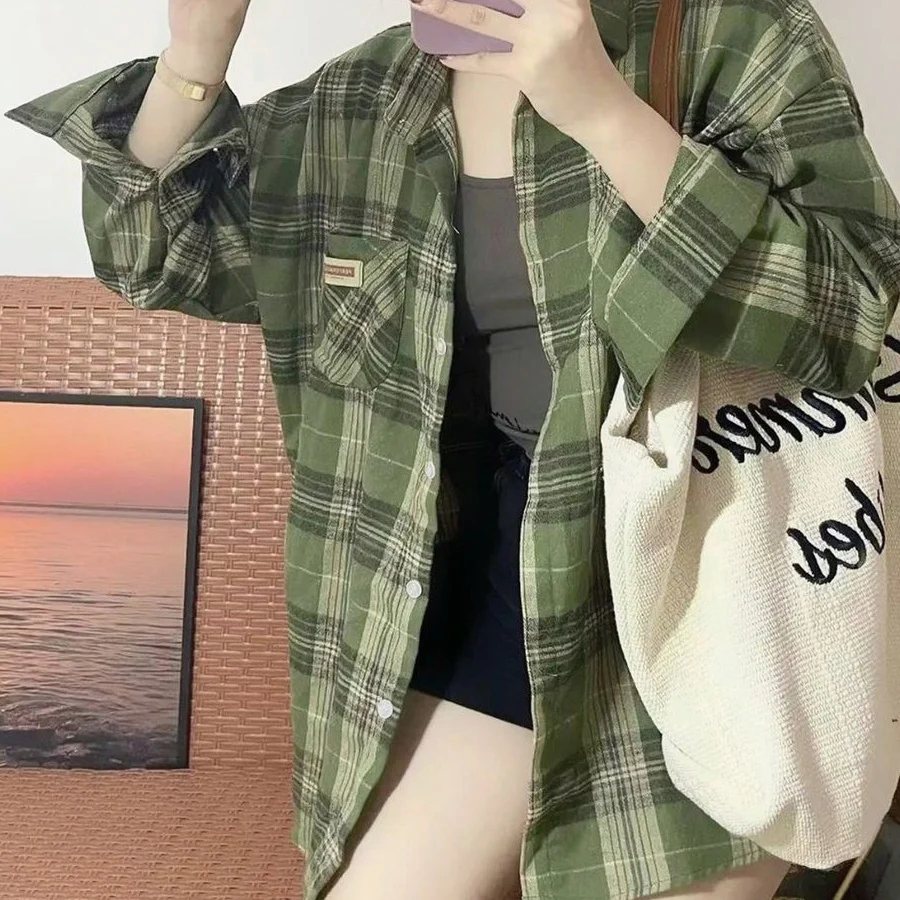 

Extra Large Size een Plaid Long Sve irt Jaet Women's Faionable Spring Autumn New Sle for plus Size Ladies
