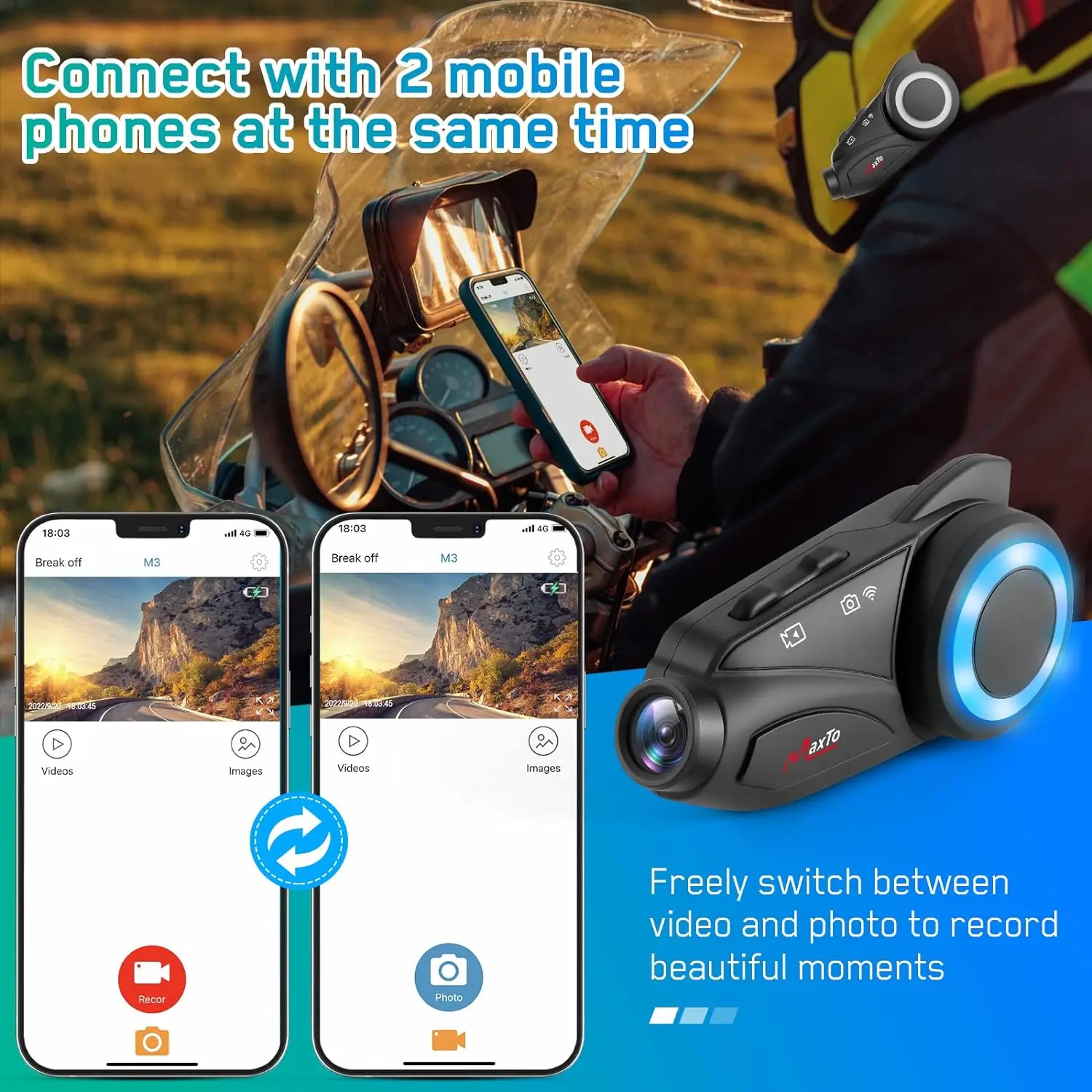 Motorcycle Bluetooth Headset with Camera M3 1080P Camera for 6-Way Motorcycle Communication Wireless 3280Ft IP65