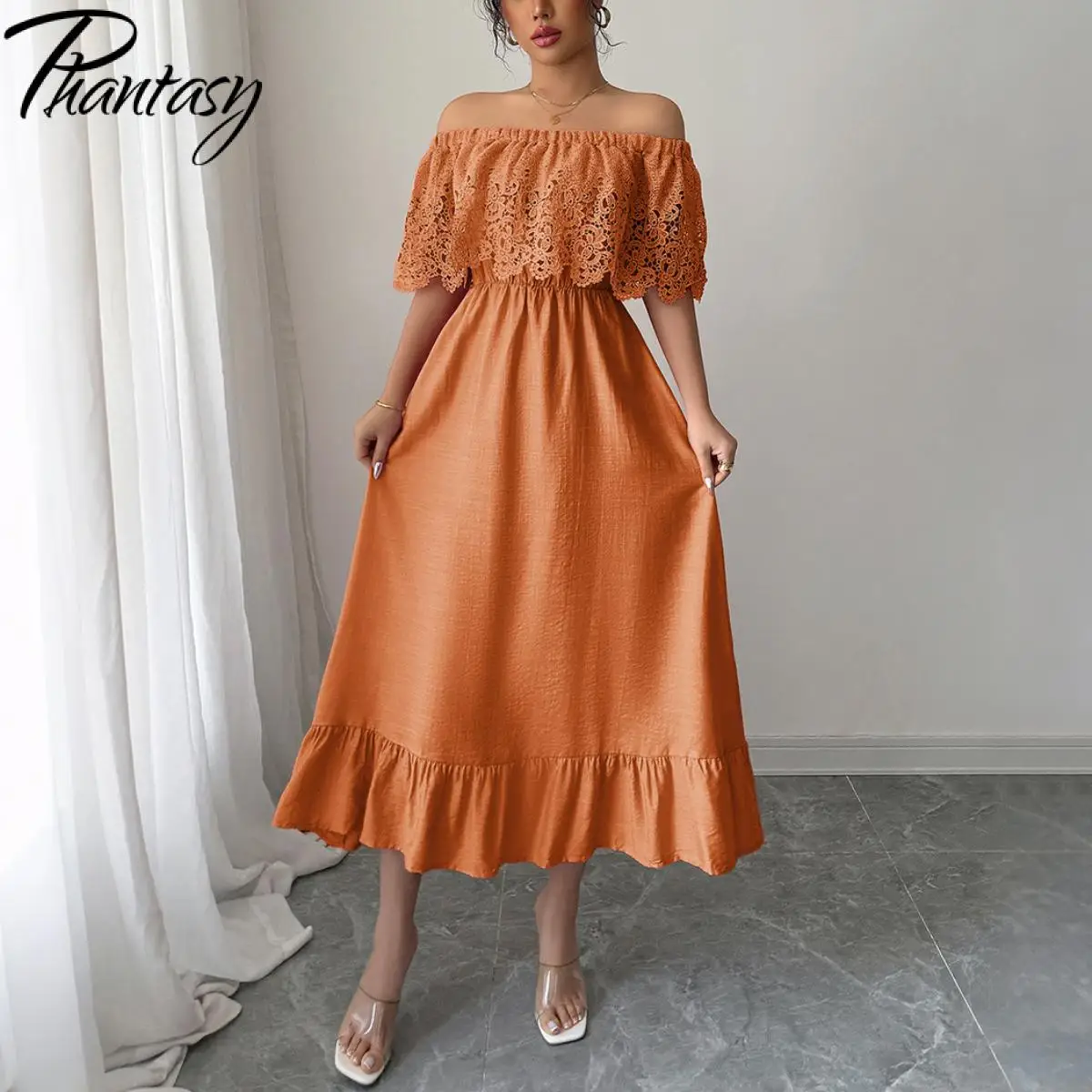 Moda coreana elegante tinta unita increspato spalle scoperte abito da festa abiti con cintura stile Boho Robe Femme Vestidos