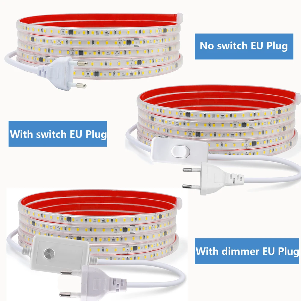 Dimmable LED Strip Light 220V Switch EU Power Dimmer Kit Waterproof 2835 120LEDs/M High Bright Flex Tape Home Decor 0.5M 10M 20M