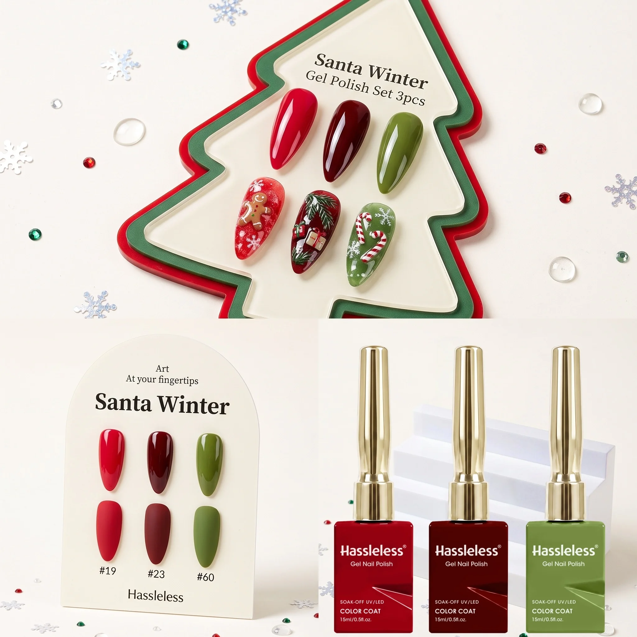 Hassleless 3Pcs Classic Christmas Three-Color Semi-Permanent Gel Nail Polish Set, Red and Green Ambiance Colors, Perfect for Christmas Nail Art, Holiday Party Nails, Winter Holiday Styles, and Seasonal Limited Designs.