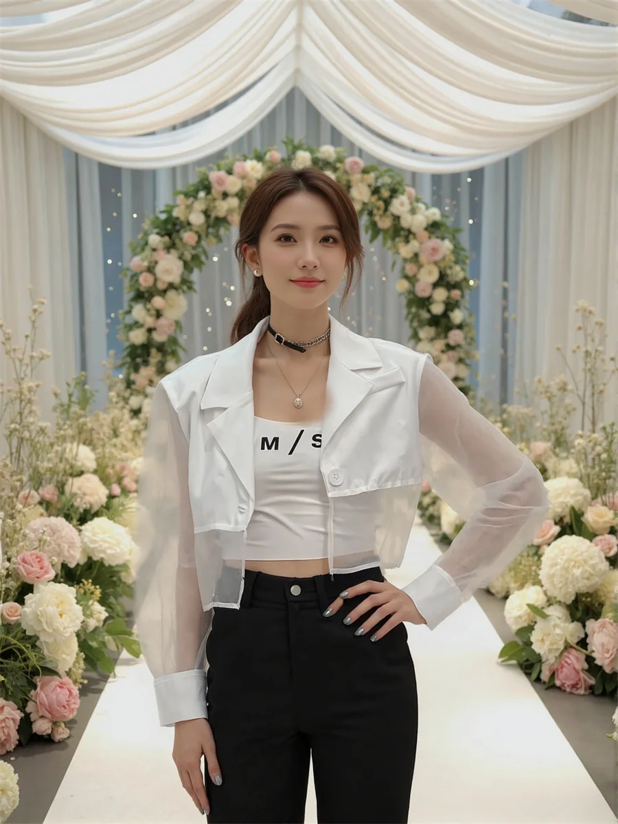 Sonnenschutz, abgeschnittene, durchsichtige Blazer mit Rückenschlitz, elegante Damenkleidung für Frauen, pastoral, geknöpft, gepunktet, College-Dye-Femme