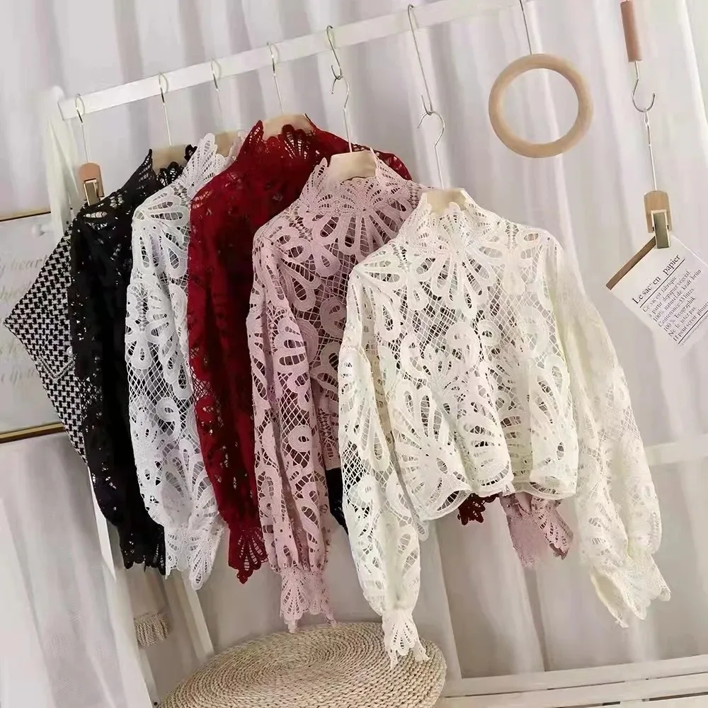 Elegant Hollow Out Long Sleeve Lace Blouse for Women, Stylish Stand Crochet, Cotton White Shirts, Sexy Crop Tops, 16296, New