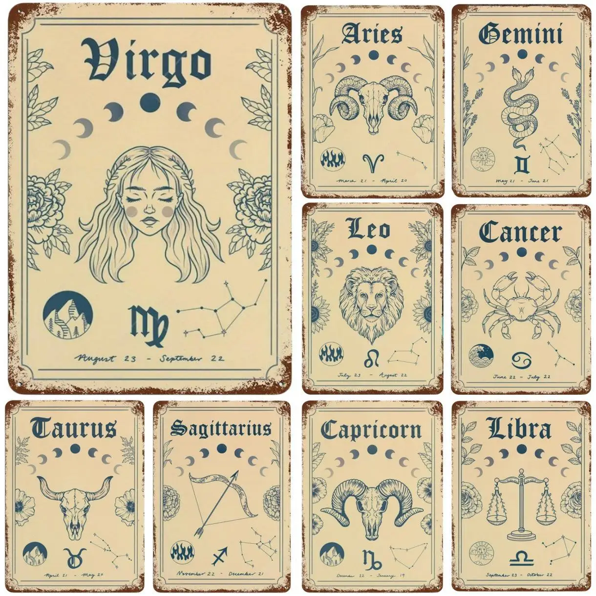 كوكبة الحضانة جدار الفن معدن القصدير علامات اللوحة المشارك علم التنجيم بوهو السرطان زودياك علم التنجيم نجم الماء الديكور