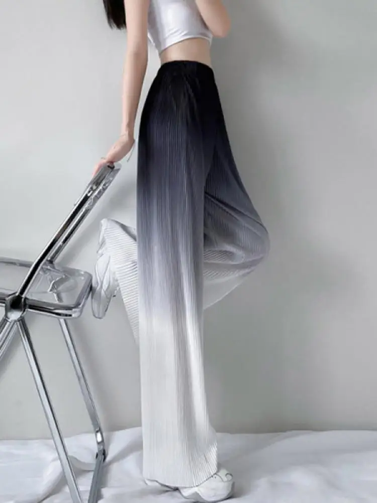 High Waist Draped Ice Silk Gradient Color Wide Leg Pants Women's Casual Trousers Korean Style Commute Fashion Ladies' Pants